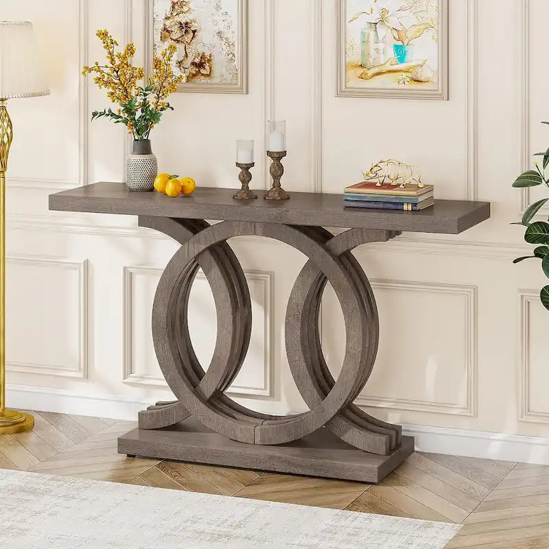 55 Inch Console Table with Geometric Base Wooden Hallway Table Vintage