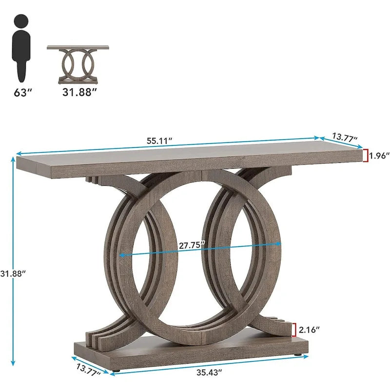 55 Inch Console Table with Geometric Base Wooden Hallway Table Vintage