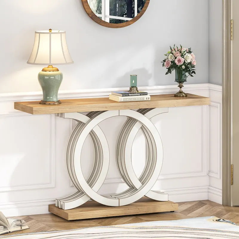 55 Inch Console Table with Geometric Base Wooden Hallway Table Vintage