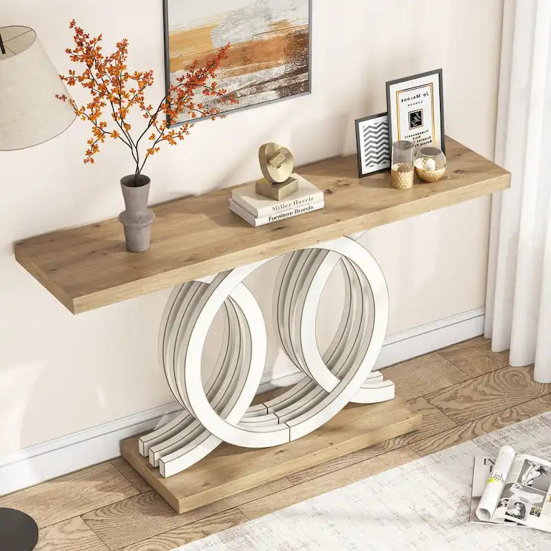 55 Inch Console Table with Geometric Base Wooden Hallway Table Vintage