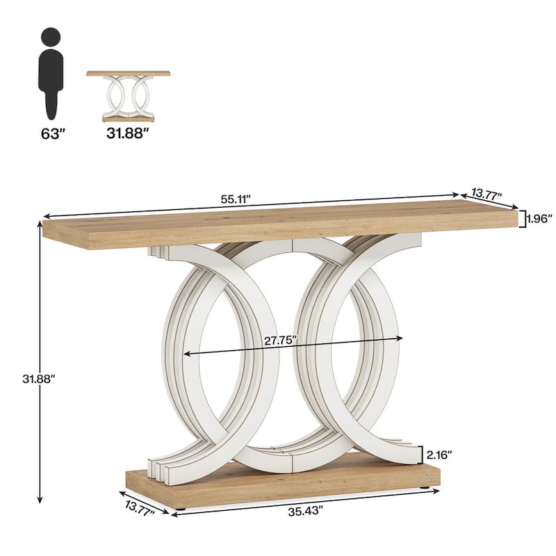 55 Inch Console Table with Geometric Base Wooden Hallway Table Vintage