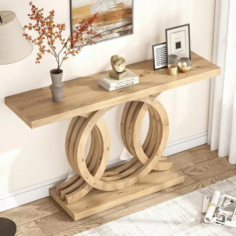 55 Inch Console Table with Geometric Base Wooden Hallway Table Vintage