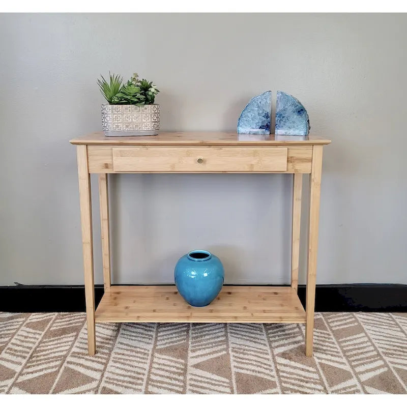 Solid Bamboo 2-Tier Console Table with Drawer