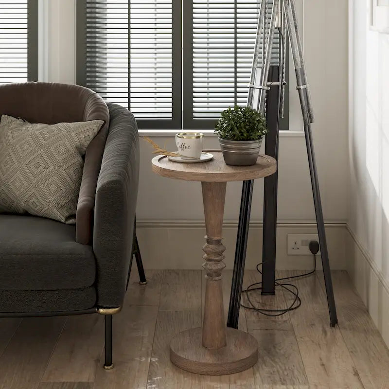 COZAYH Pedestal Small Drinking Table, Farmhouse Tray Top End Table, Distressed Finish, Traditional