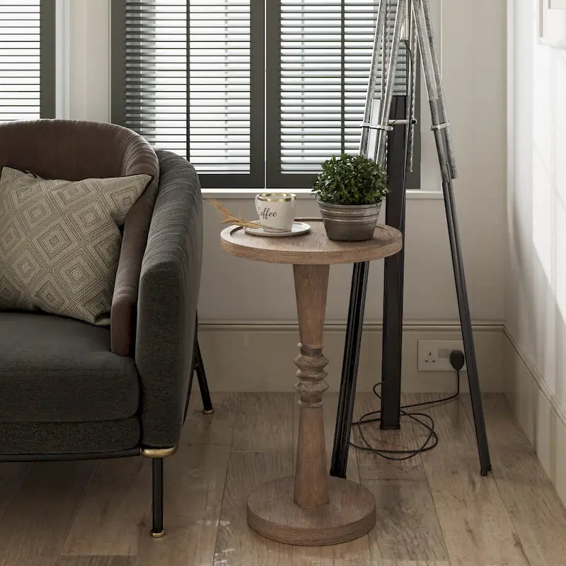 COZAYH Pedestal Small Drinking Table, Farmhouse Tray Top End Table, Distressed Finish, Traditional