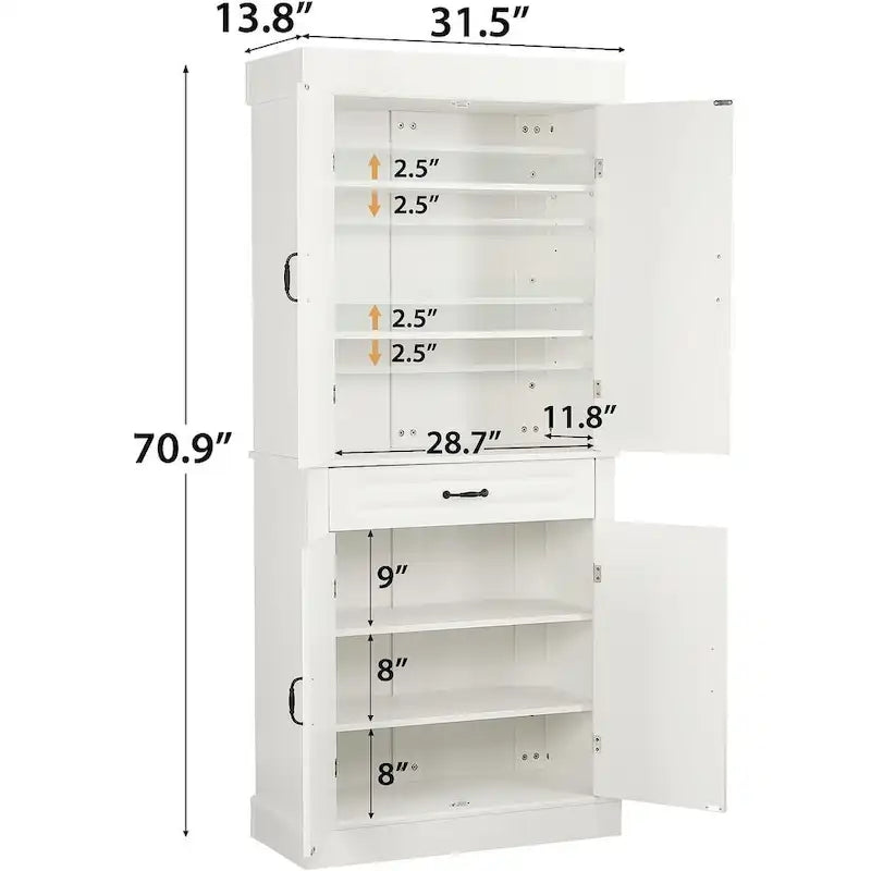 EROMMY 71 Freestanding Kitchen Pantry Cabinet, Tall Storage Cabinet with Drawer and Adjustable Shelves, 2-Door Floor Cupboard