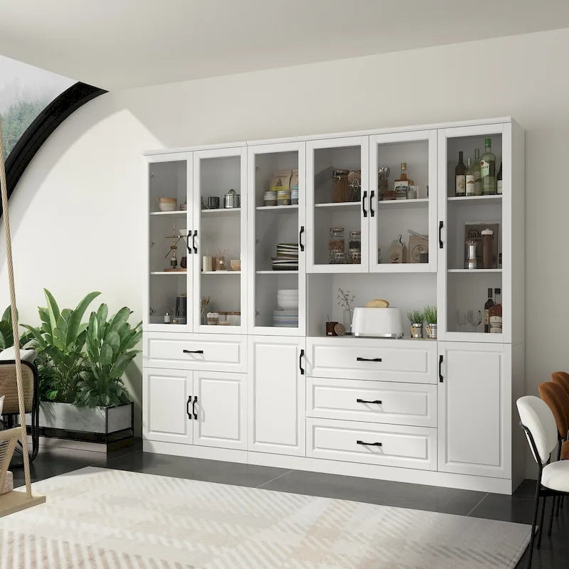 Large White Buffet Elegant Kitchen Cabinet with Glass Doors Dislplay