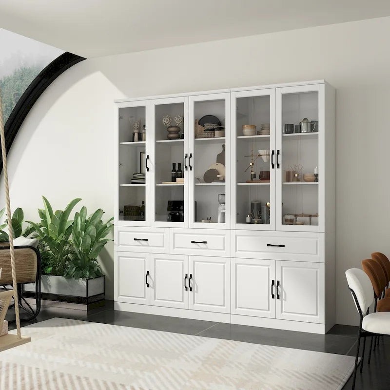 Large White Buffet Elegant Kitchen Cabinet with Glass Doors Dislplay
