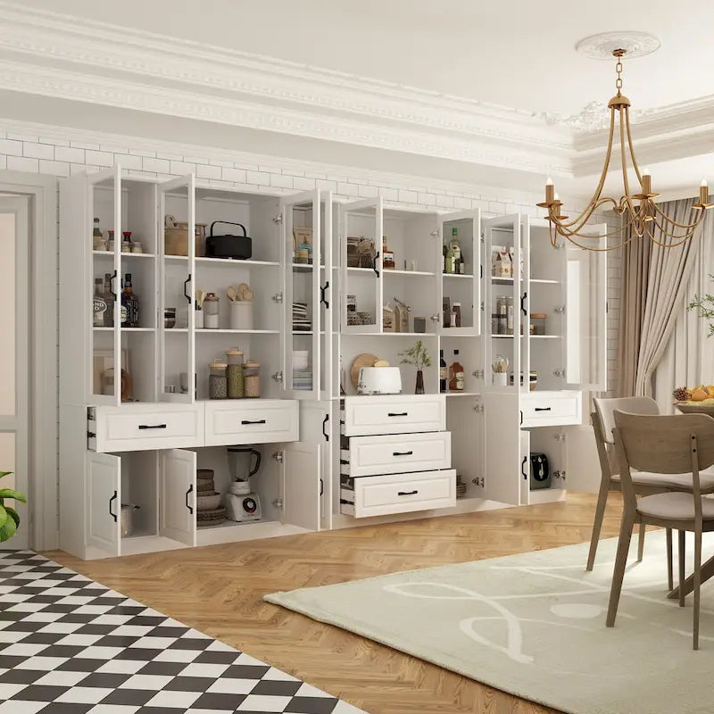 Large White Buffet Elegant Kitchen Cabinet with Glass Doors Dislplay