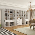 Large White Buffet Elegant Kitchen Cabinet with Glass Doors Dislplay