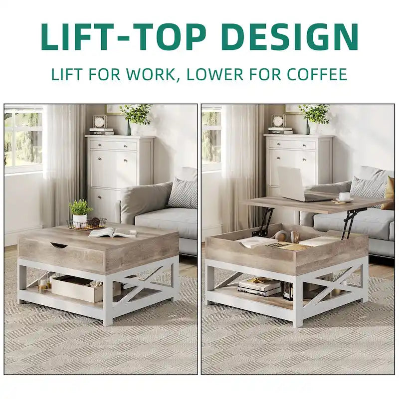 Moasis Farmhouse Lift Top Square Coffee Table with Storage and Shelf