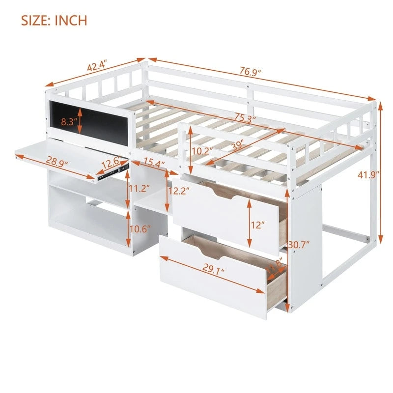 Twin Size Low Loft Bed with Rolling Desk and Storage Drawers