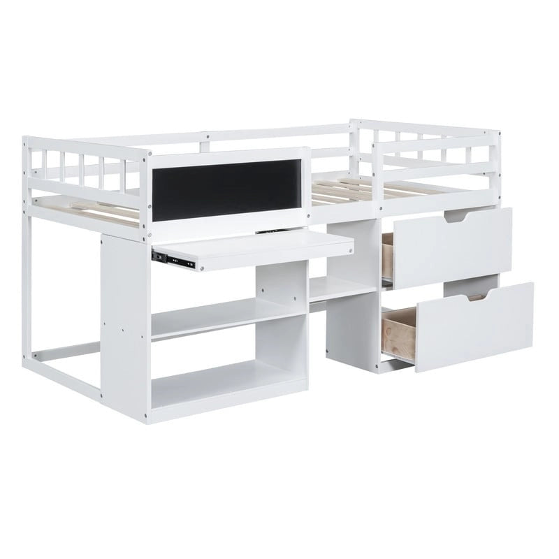 Twin Size Low Loft Bed with Rolling Desk and Storage Drawers