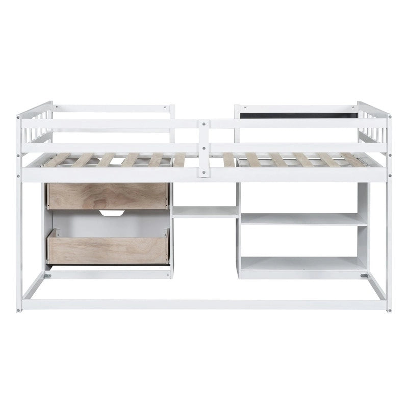Twin Size Low Loft Bed with Rolling Desk and Storage Drawers