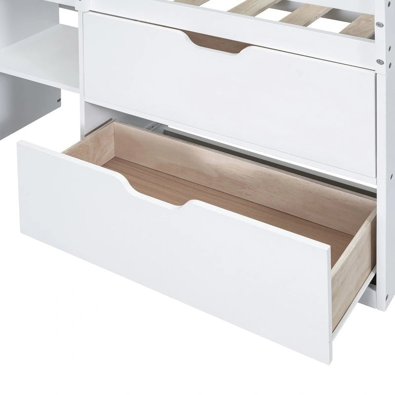 Twin Size Low Loft Bed with Rolling Desk and Storage Drawers