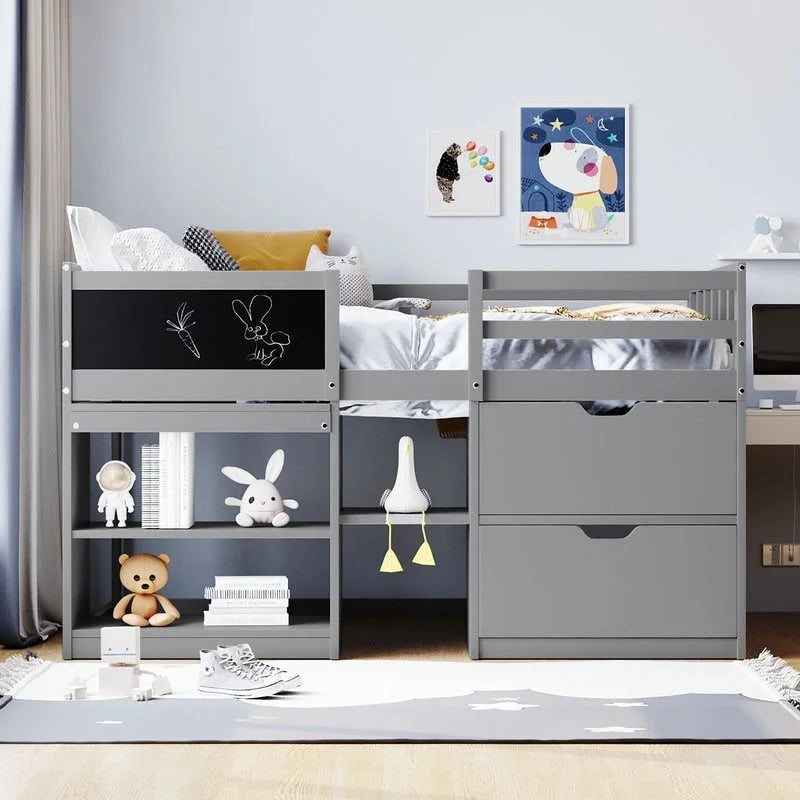 Twin Size Low Loft Bed with Rolling Desk and Storage Drawers