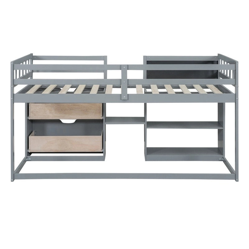 Twin Size Low Loft Bed with Rolling Desk and Storage Drawers