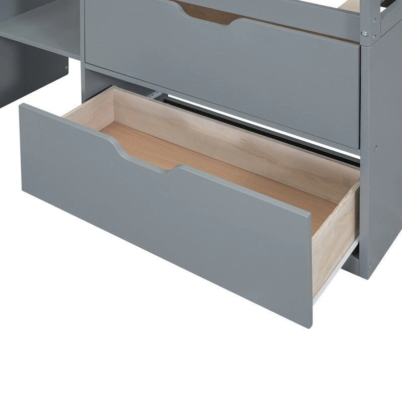 Twin Size Low Loft Bed with Rolling Desk and Storage Drawers