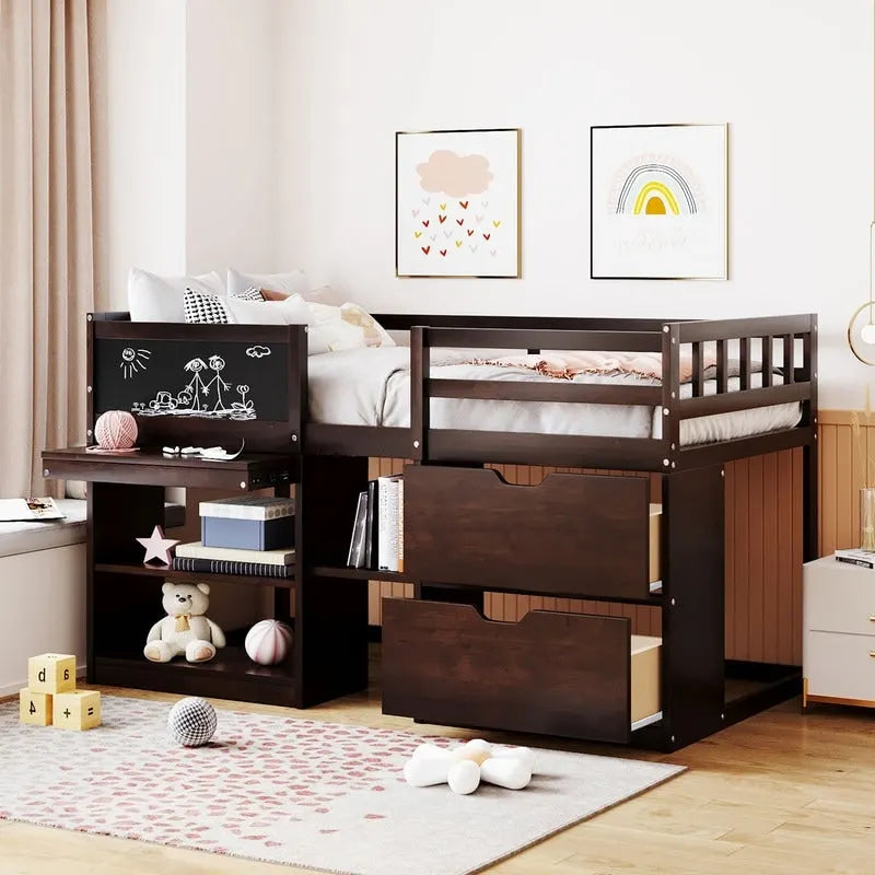 Twin Size Low Loft Bed with Rolling Desk and Storage Drawers