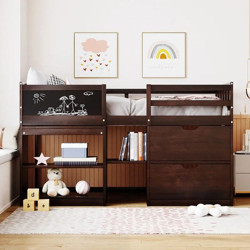 Twin Size Low Loft Bed with Rolling Desk and Storage Drawers