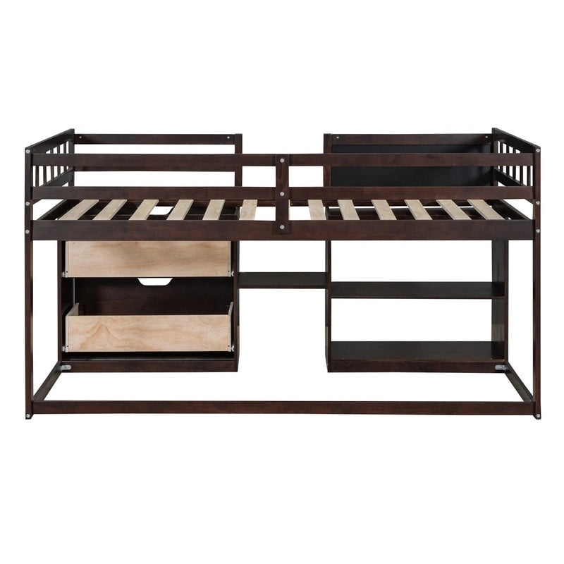 Twin Size Low Loft Bed with Rolling Desk and Storage Drawers