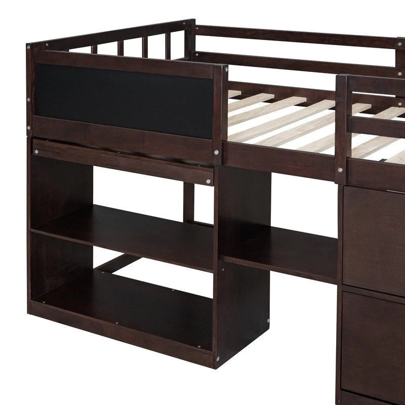 Twin Size Low Loft Bed with Rolling Desk and Storage Drawers