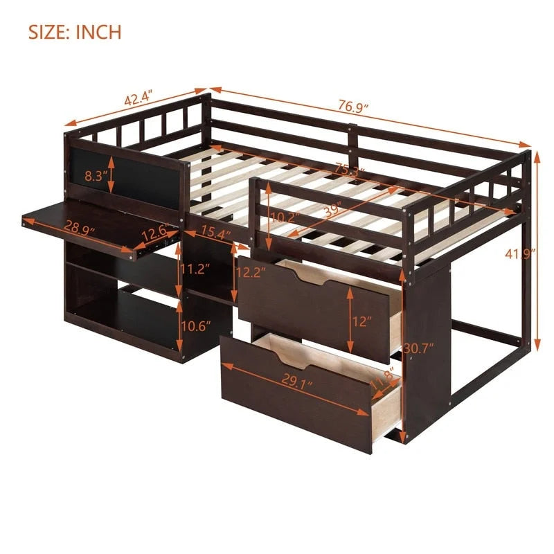 Twin Size Low Loft Bed with Rolling Desk and Storage Drawers