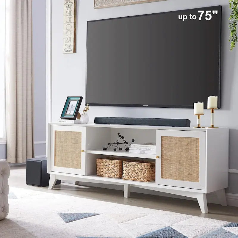 Mid-Century Modern Rattan TV Stand for 75 TV, Entertainment Center