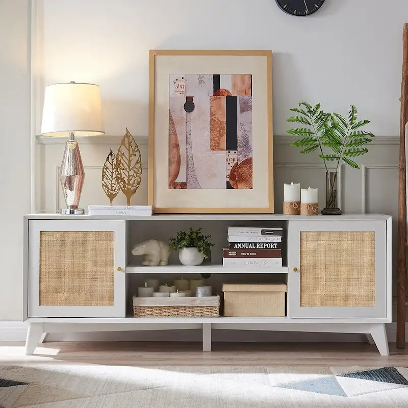 Mid-Century Modern Rattan TV Stand for 75 TV, Entertainment Center