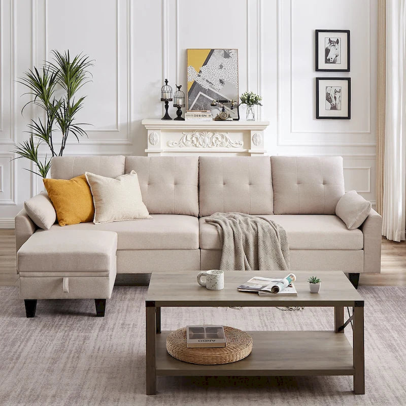 Modern Sectional Sofa Couch L Shaped With Chaise Storage Ottoman and Side Bags For Living Room