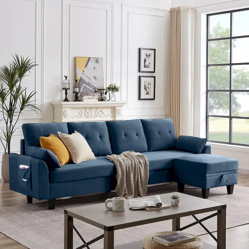 Modern Sectional Sofa Couch L Shaped With Chaise Storage Ottoman and Side Bags For Living Room