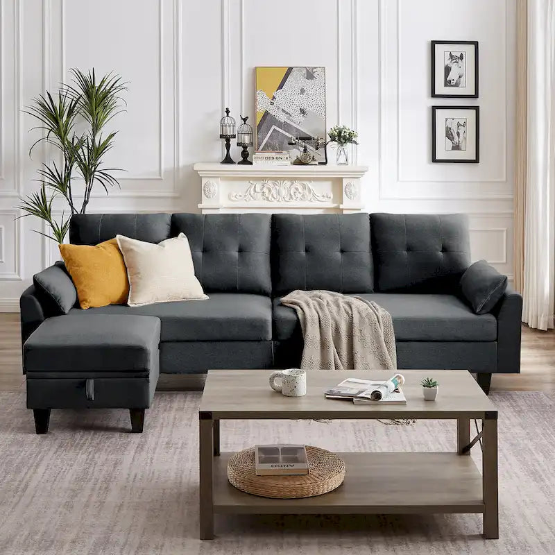 Modern Sectional Sofa Couch L Shaped With Chaise Storage Ottoman and Side Bags For Living Room