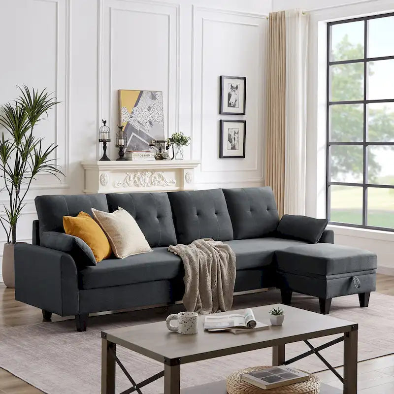 Modern Sectional Sofa Couch L Shaped With Chaise Storage Ottoman and Side Bags For Living Room
