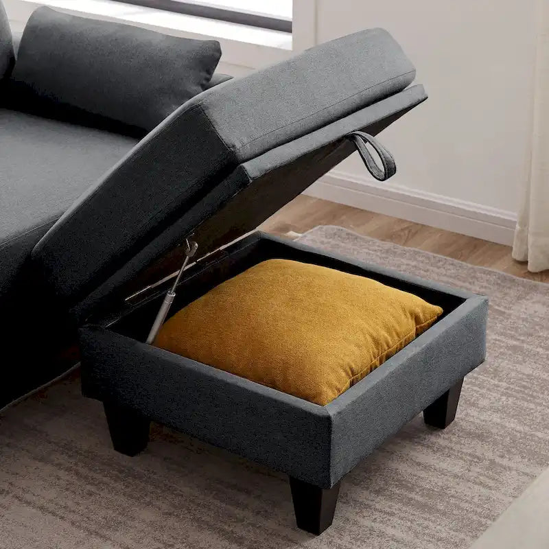 Modern Sectional Sofa Couch L Shaped With Chaise Storage Ottoman and Side Bags For Living Room