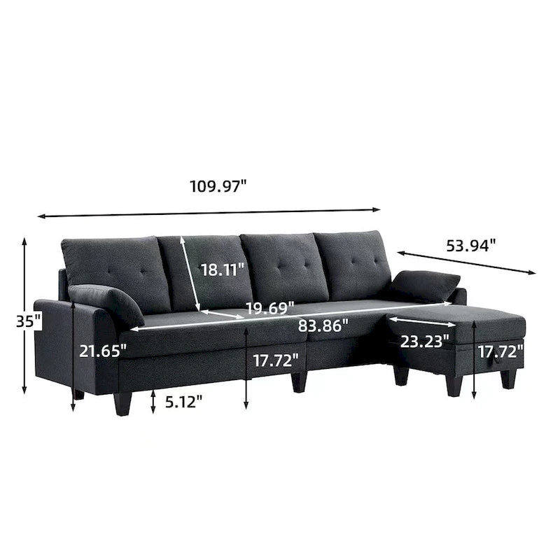 Modern Sectional Sofa Couch L Shaped With Chaise Storage Ottoman and Side Bags For Living Room