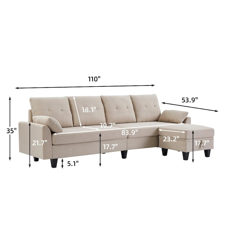 Modern Sectional Sofa Couch L Shaped With Chaise Storage Ottoman and Side Bags For Living Room