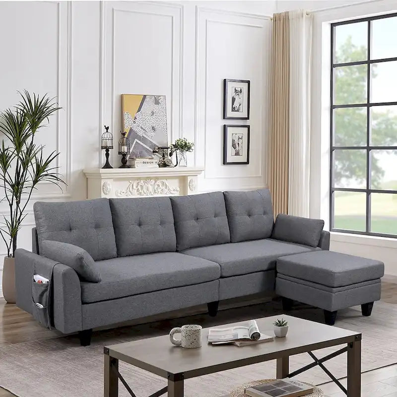 Modern Sectional Sofa Couch L Shaped With Chaise Storage Ottoman and Side Bags For Living Room