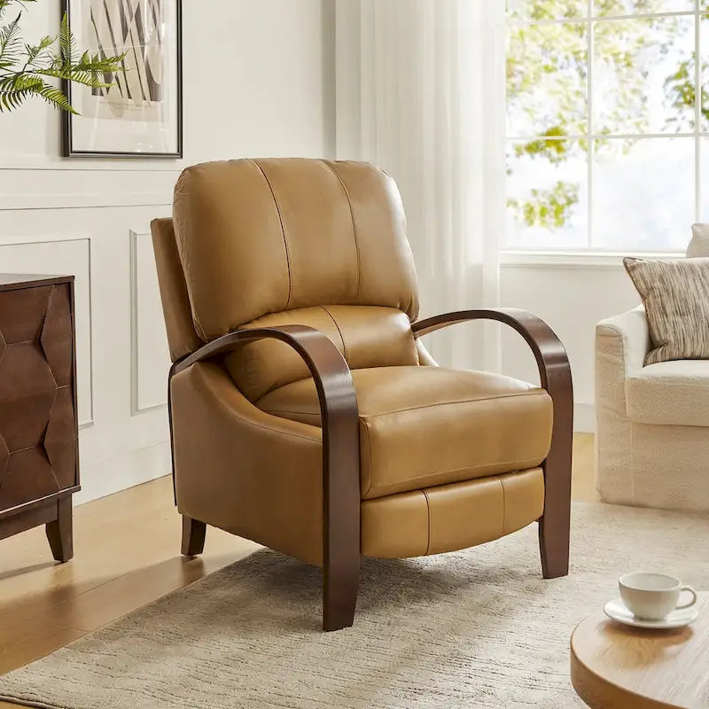 Alex Mid-century Modern Cigar Genuine Leather Manual Recliner with Wooden Curved Arms