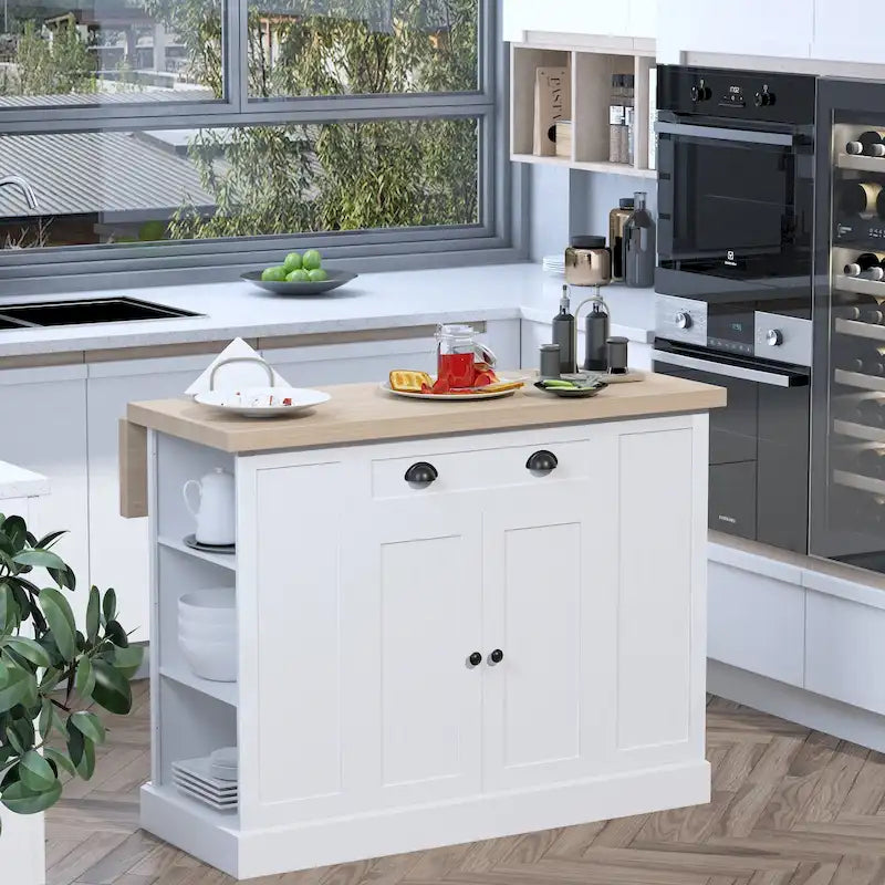 HOMCOM Fluted-Style Wooden Kitchen Island, Countertop with Drop Leaf, Drawer, Open Shelves, Storage