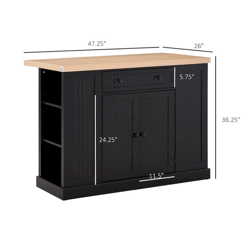 HOMCOM Fluted-Style Wooden Kitchen Island, Countertop with Drop Leaf, Drawer, Open Shelves, Storage