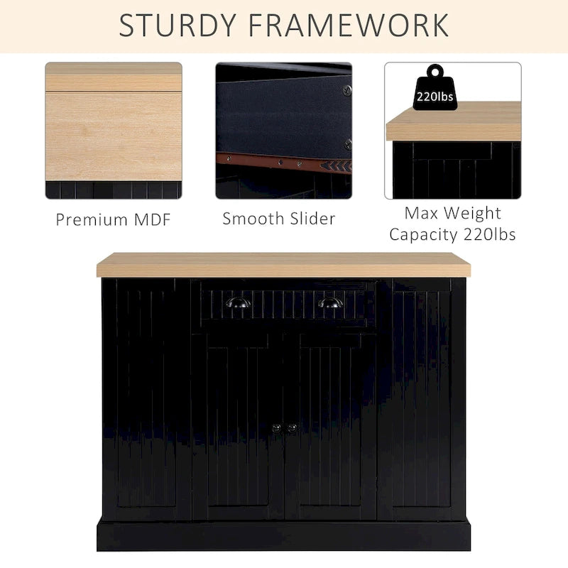 HOMCOM Fluted-Style Wooden Kitchen Island, Countertop with Drop Leaf, Drawer, Open Shelves, Storage