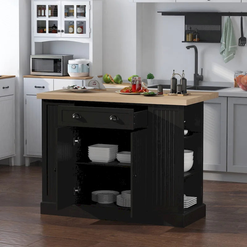 HOMCOM Fluted-Style Wooden Kitchen Island, Countertop with Drop Leaf, Drawer, Open Shelves, Storage