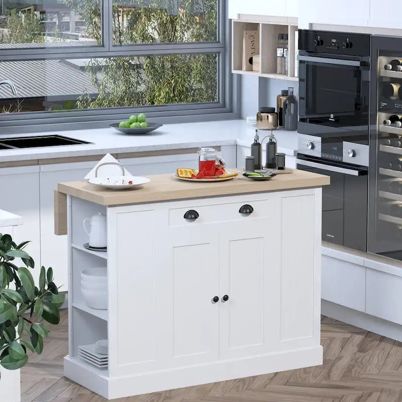 HOMCOM Fluted-Style Wooden Kitchen Island, Countertop with Drop Leaf, Drawer, Open Shelves, Storage