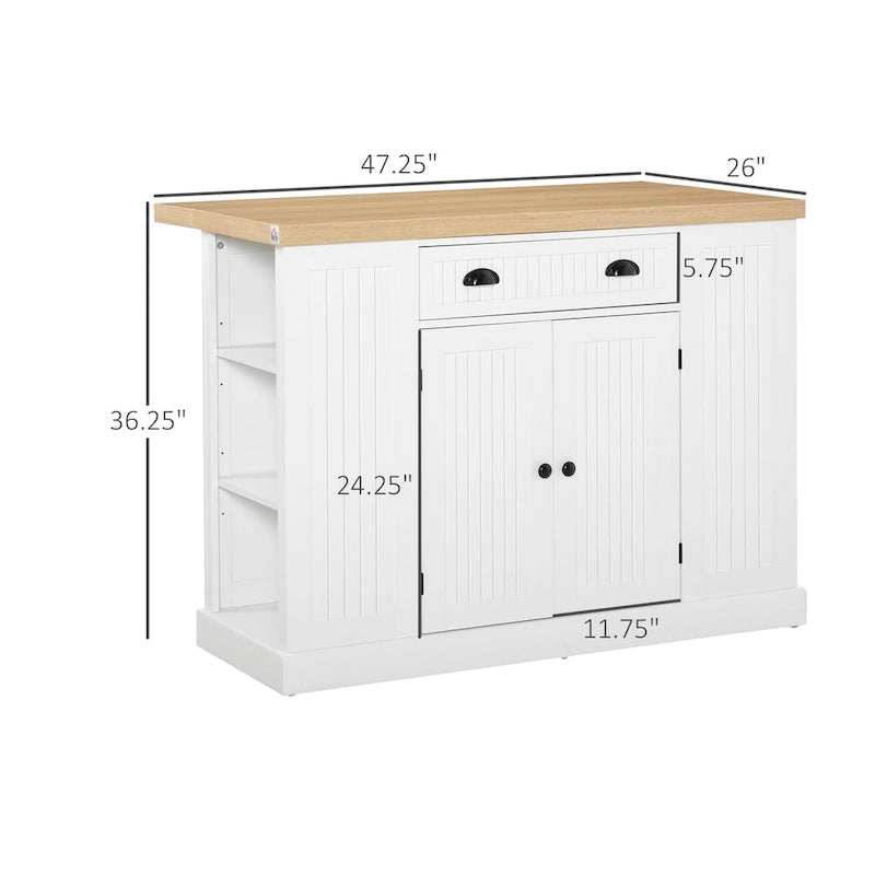 HOMCOM Fluted-Style Wooden Kitchen Island, Countertop with Drop Leaf, Drawer, Open Shelves, Storage