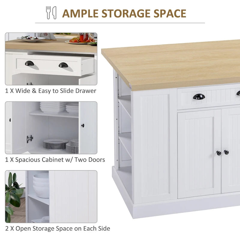 HOMCOM Fluted-Style Wooden Kitchen Island, Countertop with Drop Leaf, Drawer, Open Shelves, Storage