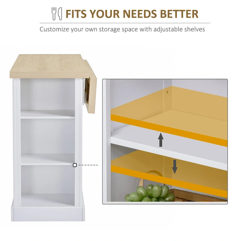 HOMCOM Fluted-Style Wooden Kitchen Island, Countertop with Drop Leaf, Drawer, Open Shelves, Storage