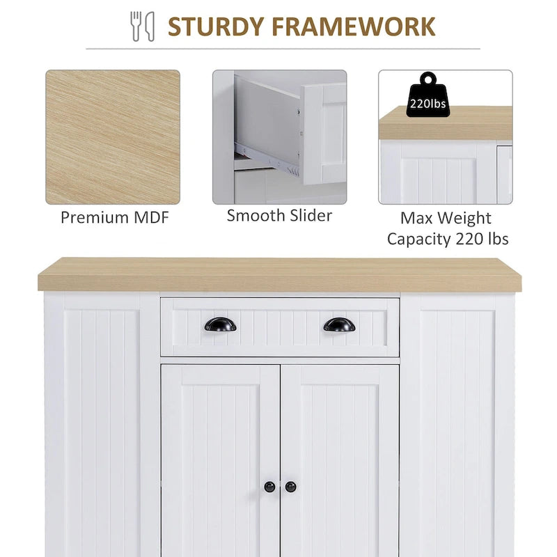 HOMCOM Fluted-Style Wooden Kitchen Island, Countertop with Drop Leaf, Drawer, Open Shelves, Storage