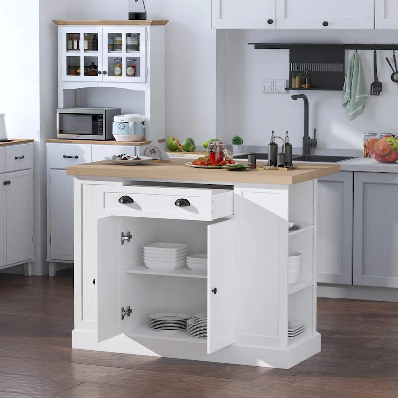 HOMCOM Fluted-Style Wooden Kitchen Island, Countertop with Drop Leaf, Drawer, Open Shelves, Storage