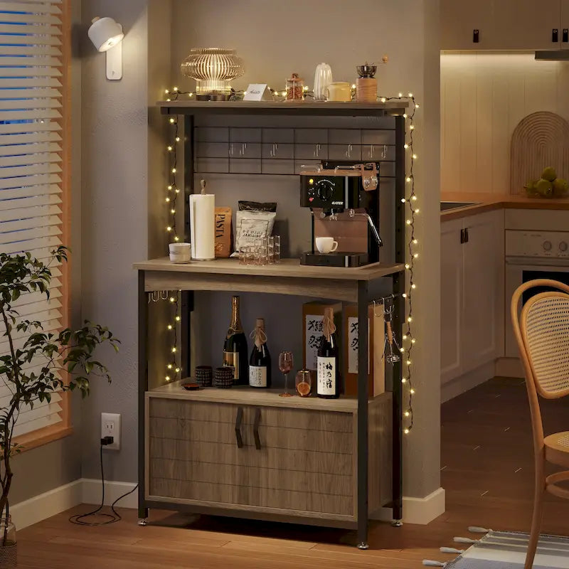 31.5 Microwave Stand with Storage Cabinet, Height-Adjustable Bakers Racks for Kitchen