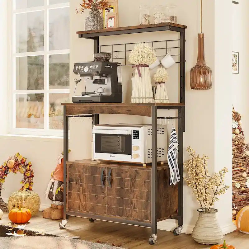 31.5 Microwave Stand with Storage Cabinet, Height-Adjustable Bakers Racks for Kitchen